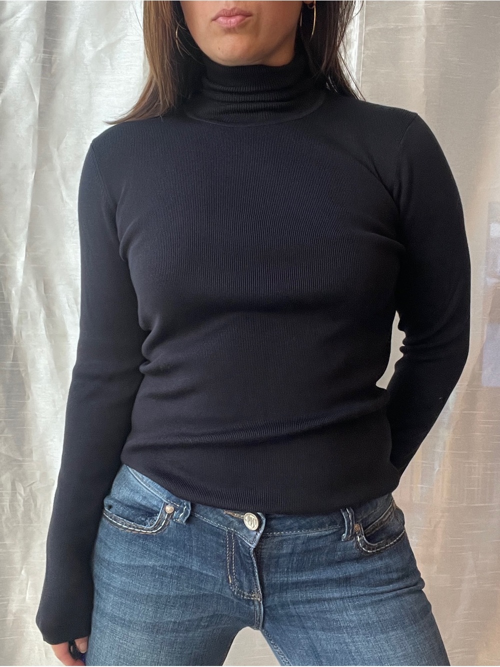 Ann Taylor Turtleneck Sweater Black 100% Silk Ribbed Minimalist Academia 90s